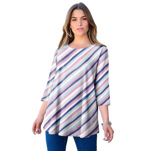 ���A�}���Y ���f�B�[�X �g�b�v�X T�V���c �v���X�T�C�Y Roaman's Women's Plusize Ultimate Three Quarter Sleeve Swing Tee Pink Biastripe �s���N