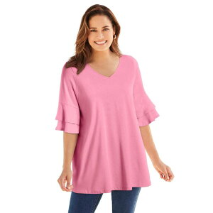 �E�[�}�� �E�B�Y�C�� ���f�B�[�X �g�b�v�X T�V���c �v���X�T�C�Y �t���� Woman Within Plusize Ruffled Elbow-Sleeve Tunic Delicate Pink �s���N