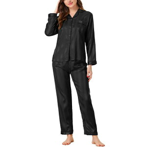 cheibear ���f�B�[�X �A���_�[�E�F�A �i�C�g�E�F�A �{�^���_�E�� �p���c �T�e�� �_�E�� cheibear Women's Nightwear with Pants Lounge Satin Sleepwear Soft Button Down Pajama Set Black �u���b�N