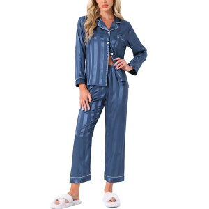 cheibear ���f�B�[�X �A���_�[�E�F�A �i�C�g�E�F�A �{�^���_�E�� �p���c �T�e�� �_�E�� cheibear Women's Nightwear with Pants Lounge Satin Sleepwear Soft Button Down Pajama Set Blue �u���[