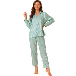 cheibear ���f�B�[�X �A���_�[�E�F�A �i�C�g�E�F�A �{�^���_�E�� �p���c �T�e�� �_�E�� cheibear Women's Nightwear with Pants Lounge Satin Sleepwear Soft Button Down Pajama Set Green �O���[��