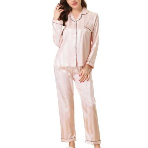 cheibear ���f�B�[�X �A���_�[�E�F�A �i�C�g�E�F�A �{�^���_�E�� �p���c �T�e�� �_�E�� cheibear Women's Nightwear with Pants Lounge Satin Sleepwear Soft Button Down Pajama Set Light Pink �s���N