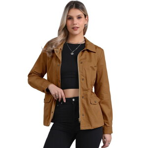 �A���O�� �P�[ ���f�B�[�X �A�E�^�[ �W���P�b�g�E�u���]�� �_�E�� ALLEGRA K Women's Turndown Collar Long Sleeve Drawstring Flapocket Zipper Utility Jacket Caramel