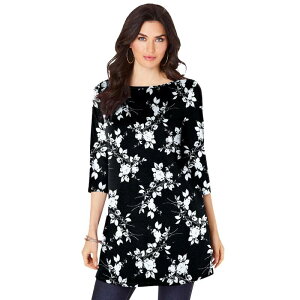 ���A�}���Y ���f�B�[�X �g�b�v�X T�V���c �v���X�T�C�Y �R�b�g�� Roaman's Women's Plusize Cotton Ultimate Boatneck Tunic With Side Slits Black Ivory Floral �A�C�{���[