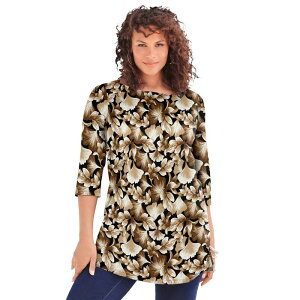 ���A�}���Y ���f�B�[�X �g�b�v�X T�V���c �v���X�T�C�Y �R�b�g�� Roaman's Women's Plusize Cotton Ultimate Boatneck Tunic With Side Slits Camel Ginkgo Leaves �L������