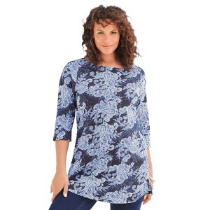 ���A�}���Y ���f�B�[�X �g�b�v�X T�V���c �v���X�T�C�Y �R�b�g�� Roaman's Women's Plusize Cotton Ultimate Boatneck Tunic With Side Slits Navy Bandana Paisley �l�C�r�[