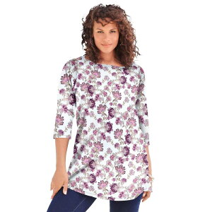 ���A�}���Y ���f�B�[�X �g�b�v�X T�V���c �v���X�T�C�Y �R�b�g�� Roaman's Women's Plusize Cotton Ultimate Boatneck Tunic With Side Slits White Vine Floral �z���C�g