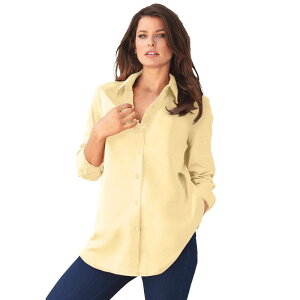 ���A�}���Y ���f�B�[�X �g�b�v�X �V���c �v���X�T�C�Y �R�b�g�� Roaman's Women's Plusize Kate Long Sleeveasy Cotton-Blend Button-Front Shirt Banana