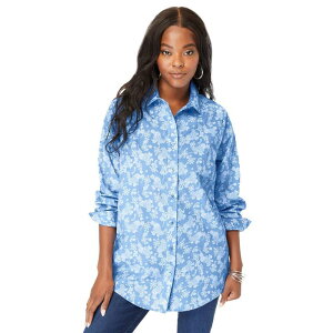 ���A�}���Y ���f�B�[�X �g�b�v�X �V���c �v���X�T�C�Y �R�b�g�� Roaman's Women's Plusize Kate Long Sleeveasy Cotton-Blend Button-Front Shirt Horizon Blue Geo �u���[
