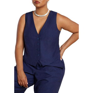 �G���N�C ���f�B�[�X �A�E�^�[ �W���P�b�g�E�u���]�� �v���X�T�C�Y �x�X�g ELOQUII Women's Plusize Pinstripe Suit Vest Navy Pinstripe �l�C�r�[