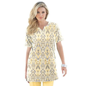 ���A�}���Y ���f�B�[�X �g�b�v�X T�V���c �v���X�T�C�Y �v�����g �j�b�g Roaman's Women's Plusize Soft Knit Printunic With Notch Neckline Banana Bold Ikat