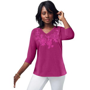 �W�F�V�J�����h�� ���f�B�[�X �g�b�v�X T�V���c �v���X�T�C�Y �R�b�g�� �h�J Jessica London Women's Plusize Stretch Cotton Embroidered Tee Raspberry Floral