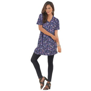 ���A�}���Y ���f�B�[�X �g�b�v�X T�V���c V�l�b�N �v���X�T�C�Y �R�b�g�� Roaman's Women's Plusize Cotton Short Sleeve V-Neck Ultimate Tunic Black Blue Garden �u���b�N