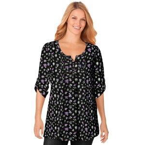 �E�[�}�� �E�B�Y�C�� ���f�B�[�X �g�b�v�X T�V���c �v���X�T�C�Y Woman Within Plusize 7-Day Three-Quarter Sleeve Pintucked Henley Tunic Black Soft Iris Pretty �u���b�N