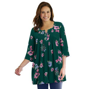 �E�[�}�� �E�B�Y�C�� ���f�B�[�X �g�b�v�X T�V���c �v���X�T�C�Y Woman Within Plusize 7-Day Three-Quarter Sleeve Pintucked Henley Tunic Emerald Green Magnolia �O���[��