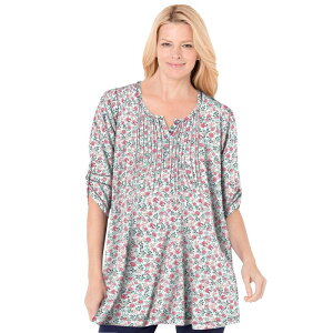 �E�[�}�� �E�B�Y�C�� ���f�B�[�X �g�b�v�X T�V���c �v���X�T�C�Y Woman Within Plusize 7-Day Three-Quarter Sleeve Pintucked Henley Tunic Ivory Flower Garden �A�C�{���[