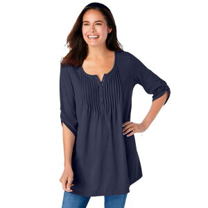 �E�[�}�� �E�B�Y�C�� ���f�B�[�X �g�b�v�X T�V���c �v���X�T�C�Y Woman Within Plusize 7-Day Three-Quarter Sleeve Pintucked Henley Tunic Navy �l�C�r�[