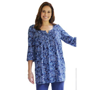 �E�[�}�� �E�B�Y�C�� ���f�B�[�X �g�b�v�X T�V���c �v���X�T�C�Y Woman Within Plusize 7-Day Three-Quarter Sleeve Pintucked Henley Tunic Navy Paisley Floral �l�C�r�[