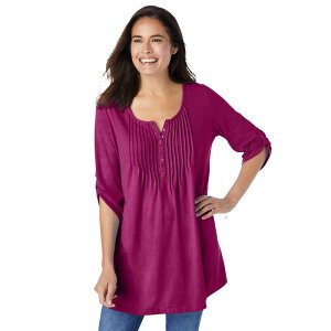 �E�[�}�� �E�B�Y�C�� ���f�B�[�X �g�b�v�X T�V���c �v���X�T�C�Y Woman Within Plusize 7-Day Three-Quarter Sleeve Pintucked Henley Tunic Raspberry