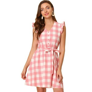 �A���O�� �P�[ ���f�B�[�X �g�b�v�X �����s�[�X V�l�b�N �t���� �~�j ALLEGRA K Women's V Neck Check Ruffled Sleeve Belted Plaids Mini Dress Pink �s���N
