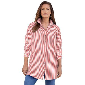 ���A�}���Y ���f�B�[�X �g�b�v�X T�V���c �v���X�T�C�Y �R�b�g�� ���� Roaman's Women's Plusize Kate Long-Sleeve Crisp Cotton-Blend Button-Frontunicoral Red Stripe ���b�h