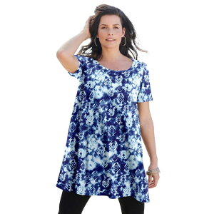���A�}���Y ���f�B�[�X �g�b�v�X T�V���c �v���X�T�C�Y �R�b�g�� Roaman's Women's Plusize Cotton Ultimate Scoopneck Swing Tunic Navy Geo Tie Dye �l�C�r�[