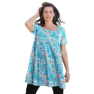 ���A�}���Y ���f�B�[�X �g�b�v�X T�V���c �v���X�T�C�Y �R�b�g�� Roaman's Women's Plusize Cotton Ultimate Scoopneck Swing Tunic Ocean Multi Flowers �}���`�J���[