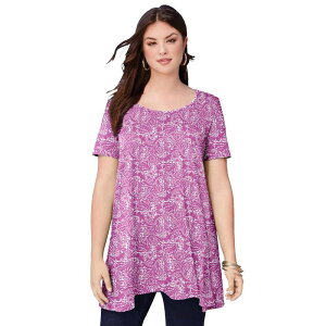 ���A�}���Y ���f�B�[�X �g�b�v�X T�V���c �v���X�T�C�Y �R�b�g�� Roaman's Women's Plusize Cotton Ultimate Scoopneck Swing Tunic Rose White Floral �z���C�g