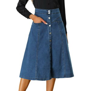 �A���O�� �P�[ ���f�B�[�X �{�g���X�J�[�g A ���C�� �n�C�E�G�X�g �~�f�B ALLEGRA K Womens' Buttons Front High Waistretchy A-line Flowy Midi Skirts With Pocket Blue �u���[