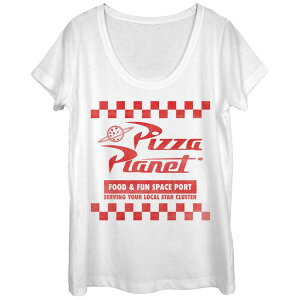 �f�B�Y�j�[ �s�N�T�[ ���f�B�[�X �g�b�v�X T�V���c ���S Disney / Pixar's Toy Story Juniors' Pizza Planet Checkered Logo Scoop Neck Tee White �z���C�g