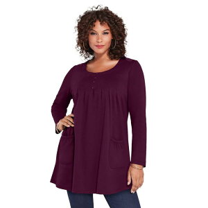 ���A�}���Y ���f�B�[�X �g�b�v�X T�V���c �v���X�T�C�Y �j�b�g Roaman's Women's Plusize Two Pocket Long Sleeve Soft Knit Swing Tunic Dark Berry