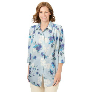 �E�[�}�� �E�B�Y�C�� ���f�B�[�X �g�b�v�X �V���c �v���X�T�C�Y Woman Within Plusize No Iron Three-Quarter Sleeve Peachskin Shirt Pearl Grey Romantic �p�[��