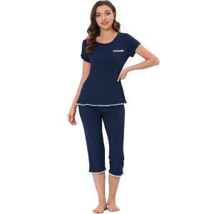 cheibear ���f�B�[�X �A���_�[�E�F�A �i�C�g�E�F�A �L���b�v cheibear Women's Lounge Sleepwear Pajama Round Neck Capri Nightwear Casual Sets Navy Blue �l�C�r�[