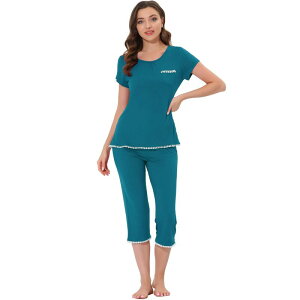 cheibear ���f�B�[�X �A���_�[�E�F�A �i�C�g�E�F�A �L���b�v cheibear Women's Lounge Sleepwear Pajama Round Neck Capri Nightwear Casual Sets Peacoke Green �O���[��