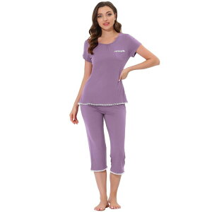 cheibear ���f�B�[�X �A���_�[�E�F�A �i�C�g�E�F�A �L���b�v cheibear Women's Lounge Sleepwear Pajama Round Neck Capri Nightwear Casual Sets Purple �p�[�v��