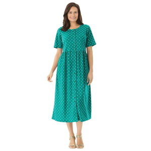 �E�[�}�� �E�B�Y�C�� ���f�B�[�X �g�b�v�X �����s�[�X �v���X�T�C�Y Woman Within Plusize Button-Front Essential Dress Green Polka Dot �O���[��