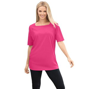 �E�[�}�� �E�B�Y�C�� ���f�B�[�X �g�b�v�X T�V���c �v���X�T�C�Y Woman Within Plusize Perfect Elbow-Sleeve Square-Neck Tee Raspberry Sorbet