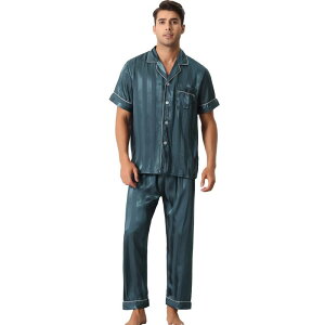 cheibear ���f�B�[�X �A���_�[�E�F�A �i�C�g�E�F�A �{�^���_�E�� �p���c �T�e�� �_�E�� cheibear Men Striped Satin Button Down Short Sleeve Long Pants Pajama Set Blue �u���[