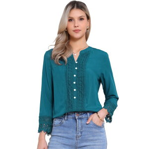 �A���O�� �P�[ ���f�B�[�X �g�b�v�X �V���c �u���E�X ���[�X ALLEGRA K Boho Blouse for Women Half Button Placket Long Sleeve Lace Crochet Blouses Peacock Blue �u���[