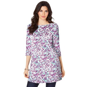 ���A�}���Y ���f�B�[�X �g�b�v�X T�V���c �v���X�T�C�Y �R�b�g�� Roaman's Women's Plusize Cotton Ultimate Boatneck Tunic With Side Slits Mauve Painted Vines