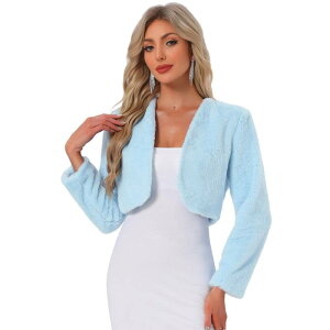 �A���O�� �P�[ ���f�B�[�X �A�E�^�[ �W���P�b�g�E�u���]�� �R�[�g �N���b�v�h ALLEGRA K Women's Collarless Long Sleeve Open Front Faux Fur Shrug Cropped Coat Light Blue �u���[