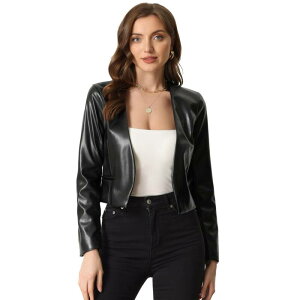 �A���O�� �P�[ ���f�B�[�X �A�E�^�[ �W���P�b�g�E�u���]�� ���U�[ �t�F�C�N���U�[ ALLEGRA K Women's Collarless Open Front Faux Leather Crop Moto Jackets Black �u���b�N