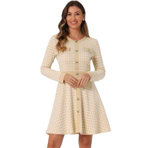 �A���O�� �P�[ ���f�B�[�X �g�b�v�X �����s�[�X A ���C�� ALLEGRA K Women's Houndstooth Dress Round Neck Button Front A-Linelegant Plaidresses Apricot �A�v���R�b�g