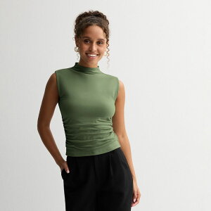 �G�X�I�[ ���f�B�[�X �g�b�v�X T�V���c ���b�N�l�b�N �M���U�[ �m�[�X���[�u Juniors' SO Sleeveless Mock Neck Ruched Top Drew Green �O���[��