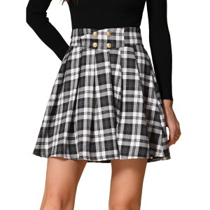 �A���O�� �P�[ ���f�B�[�X �{�g���X�J�[�g ���B���e�[�W A ���C�� �v���[�c �~�j ALLEGRA K Vintage Plaid Skirt for Women's Double Breasted A-Line Pleated Mini Skirts Black White �z���C�g