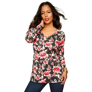 ���A�}���Y ���f�B�[�X �g�b�v�X T�V���c V�l�b�N �v���X�T�C�Y Roaman's Women's Plusize Ultimate Long Sleeve V Neck Tee Red Watercolorose ���b�h