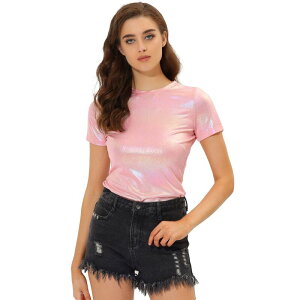 �A���O�� �P�[ ���f�B�[�X �g�b�v�X �V���c �g�[�� ALLEGRA K Women's Discoutfit Party Club Sparkly Rainbow Metallic Top Light Pink �s���N