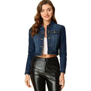 �A���O�� �P�[ ���f�B�[�X �A�E�^�[ �W���P�b�g�E�u���]�� �{�^���_�E�� �f�j�� ALLEGRA K Women's Classicasual Puffy Sleeve Button Down Cropp Denim Jacket Blue Black �u���b�N