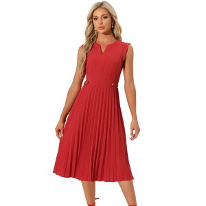 �A���O�� �P�[ ���f�B�[�X �g�b�v�X �����s�[�X V�l�b�N �v���[�c �~�f�B �m�[�X���[�u ALLEGRA K Sleeveless Dress for Women's Casual V Neck Button Pleated Midi Dress Red ���b�h