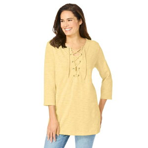 �E�[�}�� �E�B�Y�C�� ���f�B�[�X �g�b�v�X T�V���c �v���X�T�C�Y ���[�X Woman Within Plusize Lace-Up Three-Quarter Sleeve Tee Banana
